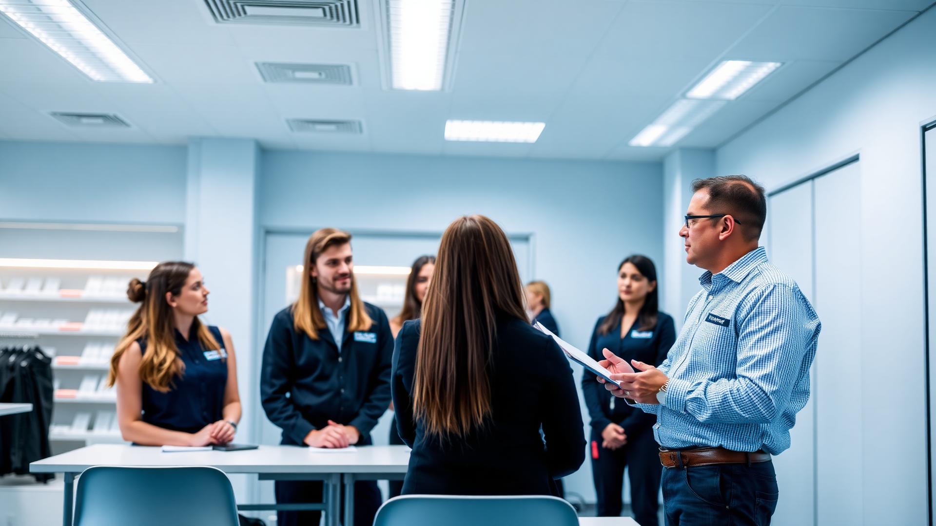 Trainer geeft praktijktraining aan winkelmedewerkers